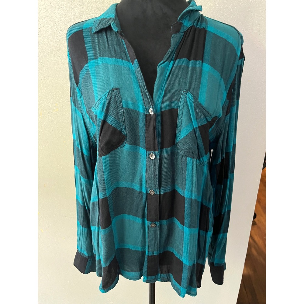 ROCK & REPUBLIC Plaid Flannel Shirt Womens L Teal Black Grunge Button Down Top